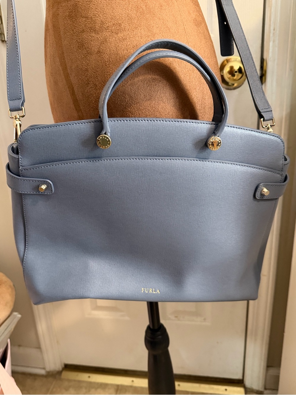 Furla Dusty Blue Saffiano Leather Tote with Gold Hardware